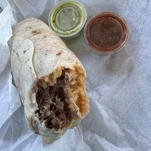 Shredded beef, cheese, rice, onion, burrito
