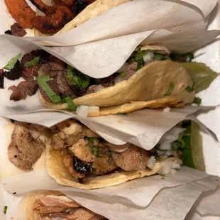 Taco Tuesday street tacos. Pastor, asada, chicken and carnitas