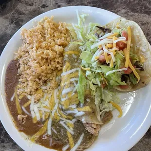 Crispy asada taco, Chicken enchilada pinto beans and rice