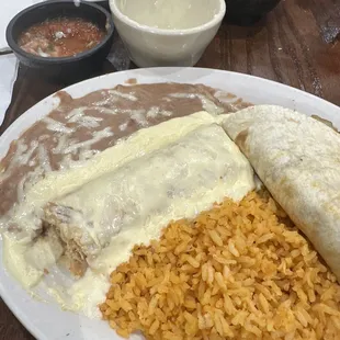 Sour cream chicken enchilada and beef fajita taco!