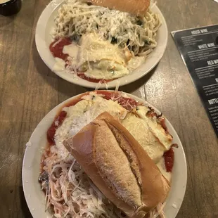 Best of victorias- lasagna rolls and whole wheat linguine with pink sauce (bottom)   Black pepper linguine with snow crab (top)
