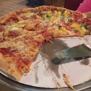 Half Hawaiian and half double pepperoni and fresh garlic! YUMMY!