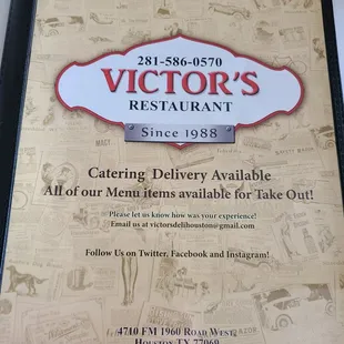 Victor&apos;s menu: front cover.