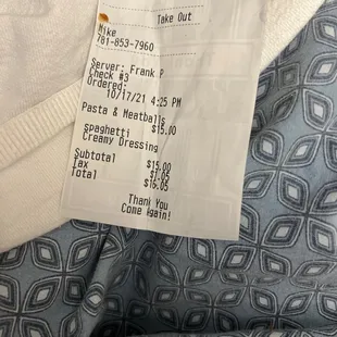 a receipt for a restaurant