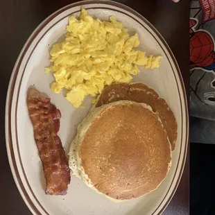 Pancakes eggs and bacon