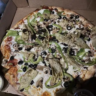 Huge Artichokes, mushrooms, olives, bell peppers. Yum
