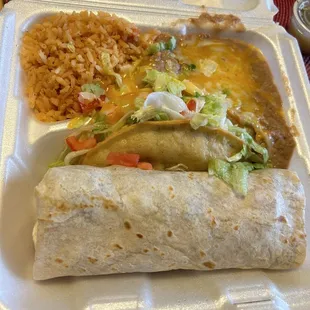 #9 carnitas burrito, beef taco and beans and rice