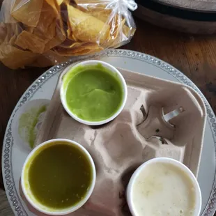 Guacamole queso and mild salsa