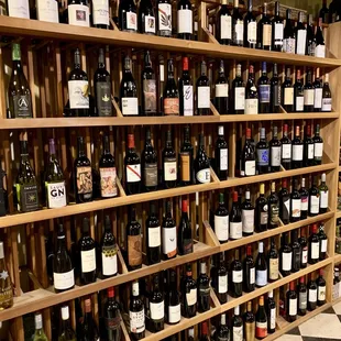 a wall of wine bottles