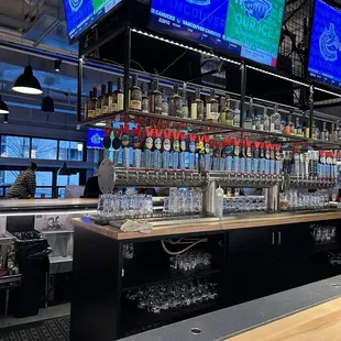 a bar with a row of beer taps