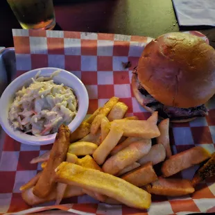 Brisket sandwich with steak fries and victory slaw