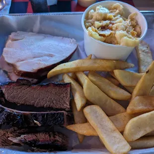 Turkey, brisket, Mac and cheese, and steak fries.