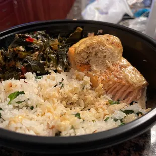 Collard greens, white fried rice, salmon with crabmeat