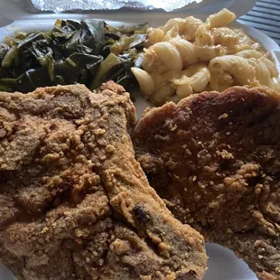 Pork Chop Dinner (2 pcs) Baked Mac Cheese and Collard Greens