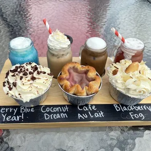 Coffee and pie flight with chocolate, cherry and banana cream pies.