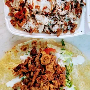 Chicken shawarma wrap and beef and chicken shawarma loaded bowl over rice