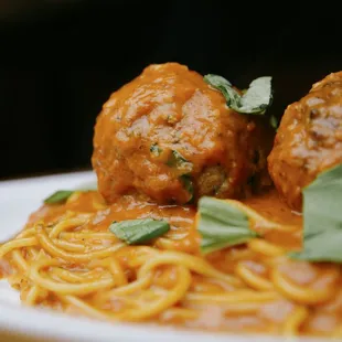 a plate of spaghetti and meatballs