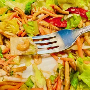 Asian chicken salad is made with smallest cashews that I have ever seen