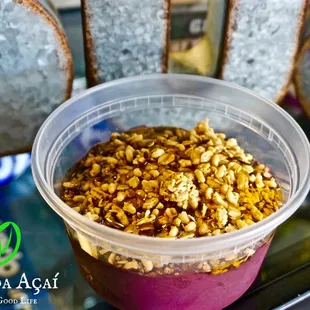 This is the Black Belt Bowl. It is the most original and the ingredients in it are the base for all of our other acai bowls. In the Black Be
