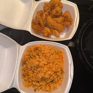 More rice that no one is going to eat and chicken fingers