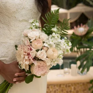Dahlia, dusty pink garden rose and wildflowers bouquet  (Photo by Molly Caskey)