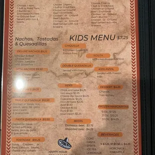 a menu for kids