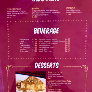 Kids, beverages &amp; desserts menu July 2021