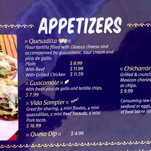Appetizers menu July 2021