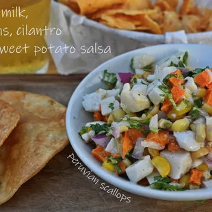 Peruvian Scallops - coconut milk, corn &amp; sweet potato salsa, red onions, cilantro