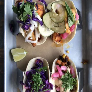 Bottom left : the fried avocado,  Bottom right : the sweet potato Top left : the Pacifica  Top right : the Thai basil shrimp