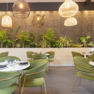 interior with plants and designer lamps