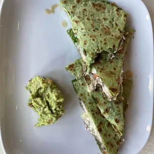 Lunch quesadilla with beef and homemade spinach tortilla