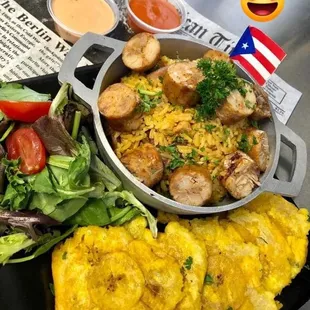 Arroz con Longaniza al Estilo Orocovis con Tostones / Rice with Sausage Orocovis Style with Fried Green Plantain