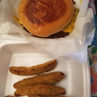V burger with fried pickles