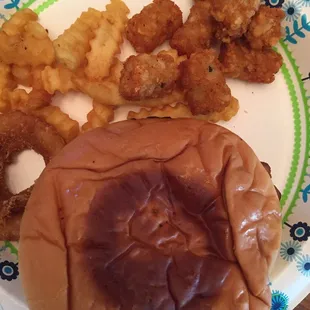 Burger, fries &amp; tots. Loved the tots but didn't realize they had crinkle fries, I'm not a fan.