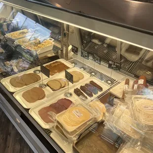 a display case filled with food