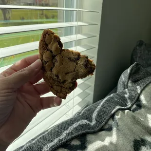 a hand holding a half eaten cookie