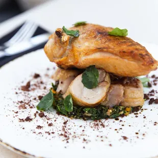 Hen of the Woods - petaluma free range chicken, herb pesto, mushroom jus, pine oil, fermented gooseberry