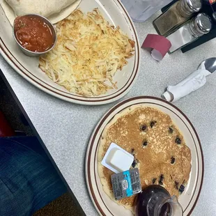 Burrito and blueberry pancake
