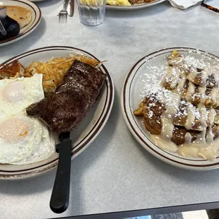 Steak and eggs subbed cinnamon roll French toast for the toast.