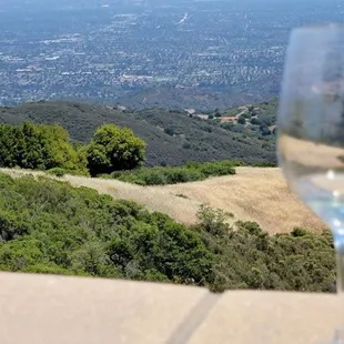 a glass of wine overlooking a valley