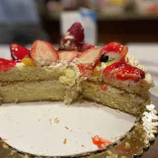 a piece of cake with strawberries and strawberries