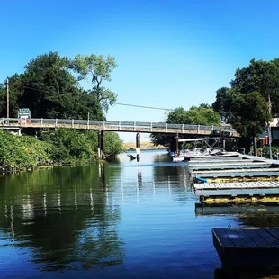 A view from the boat docks toward the river