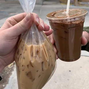 Horchata latte in a bag and Abuelita latte