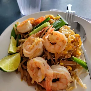 shrimp and noodles on a plate