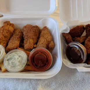 Wings with honey bbq sauce and perch dinner