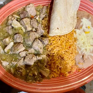 Chili verde plate with corn tortillas