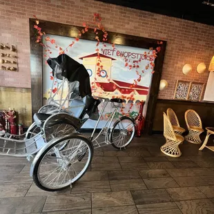 two bicycles parked in a restaurant