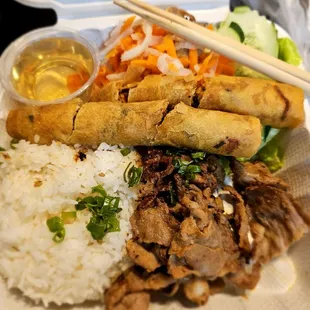 @Viet Chubby Boy; 7/16/2024.Pork w/Spring Rolls &amp; Veggies, I was Surprised that my plate came w/Rice? When I eat there, mine has No rice?