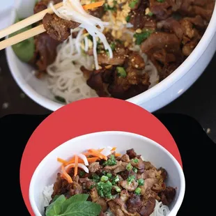 a bowl of noodles with meat and vegetables